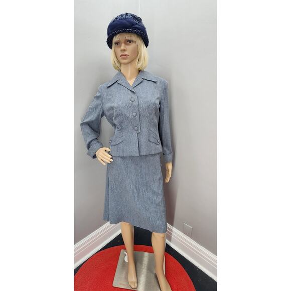 40s Vintage Custom Made Blue Gabardine Skirt (s) Suit - M - Picture 2 of 11